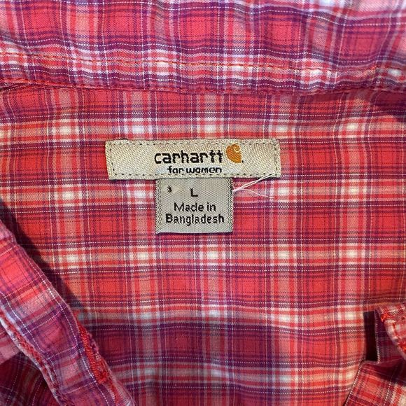 Carhartt Button Front Work Shirt Womens Large 12/14 Pink Plaid Cotton Western - Picture 6 of 7